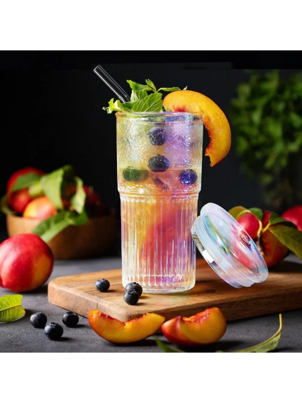 Iridescent 22oz Glass Tumbler with Straw & Lid - Ribbed Design, Perfect for